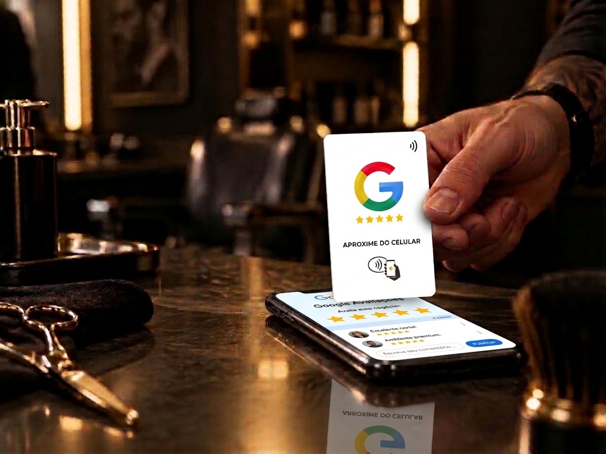 Cartão GCard-PRÓ sendo aproximado do celular para abrir a avaliação no Google