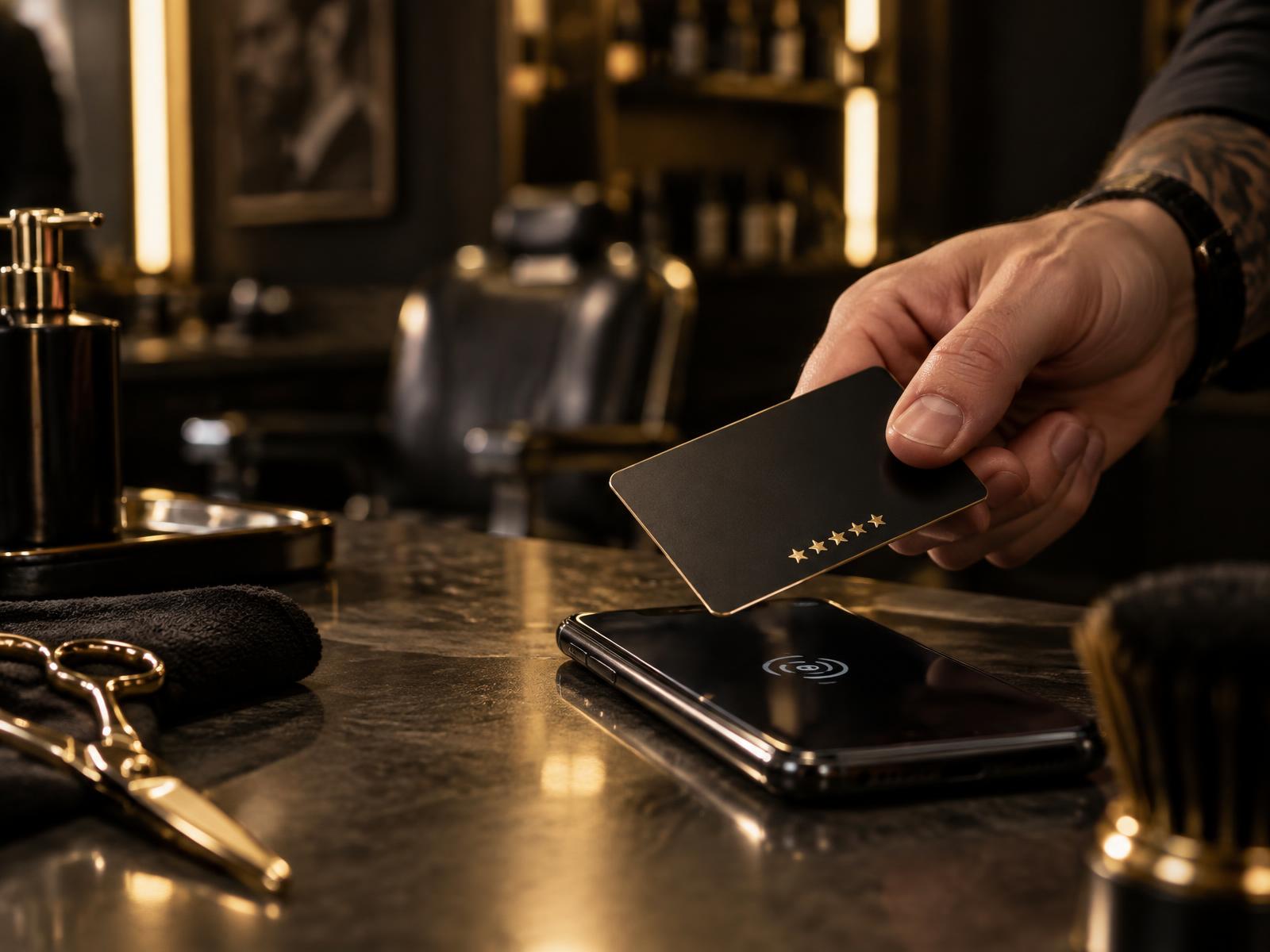 Cartão GCard-PRÓ sendo aproximado do celular para abrir a avaliação no Google